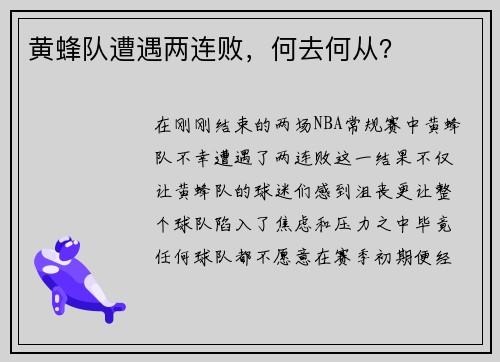 黄蜂队遭遇两连败,何去何从?
